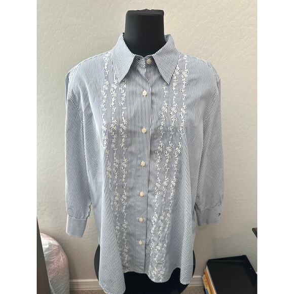 TOMMY HILFIGER Blue White Striped Embroidered Button Down Shirt Cotton | Size 24 - Picture 2 of 6